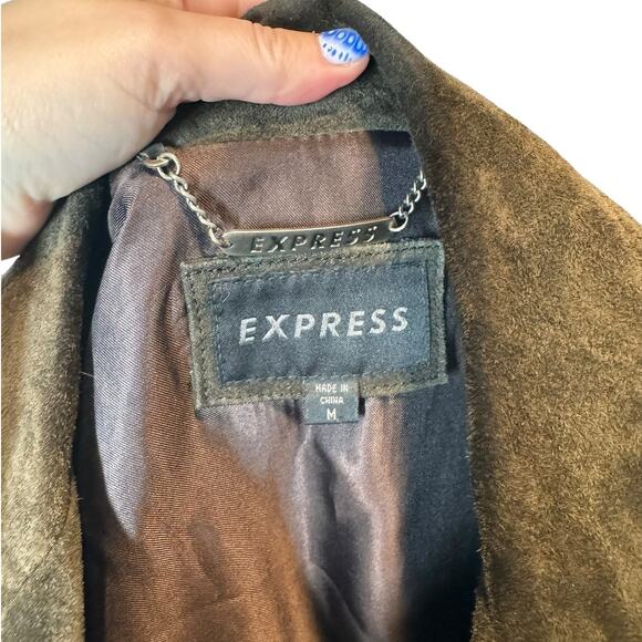 Vintage Express Dark Brown Longline Suede Jacket Medium 90s Y2K‎ Minimal Classic - Picture 6 of 10